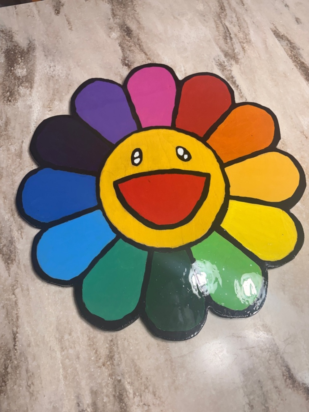 Smiling Rainbow Flower Art Piece - Colorful Painted Flower